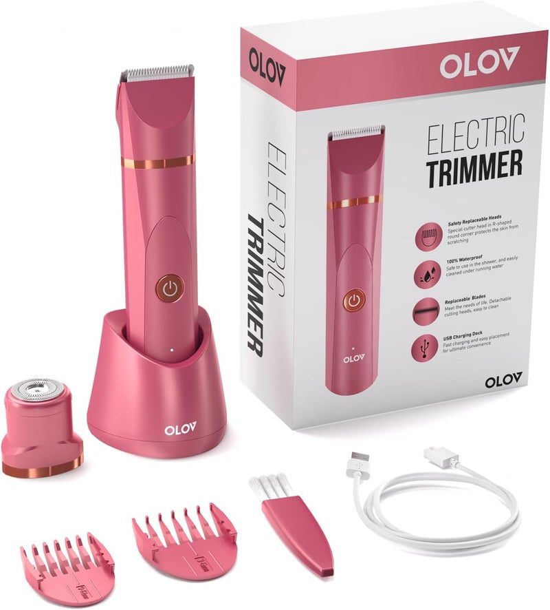 OLOV Electric Body Hair Trimmer - Groin Trimmer for Men - Bikini Trimmer Women - Wet/Dry Shaver Groomer, Replaceable Ceramic Blade Heads, USB Recharge Dock, Waterproof Hygiene Razor, Red - Image 2